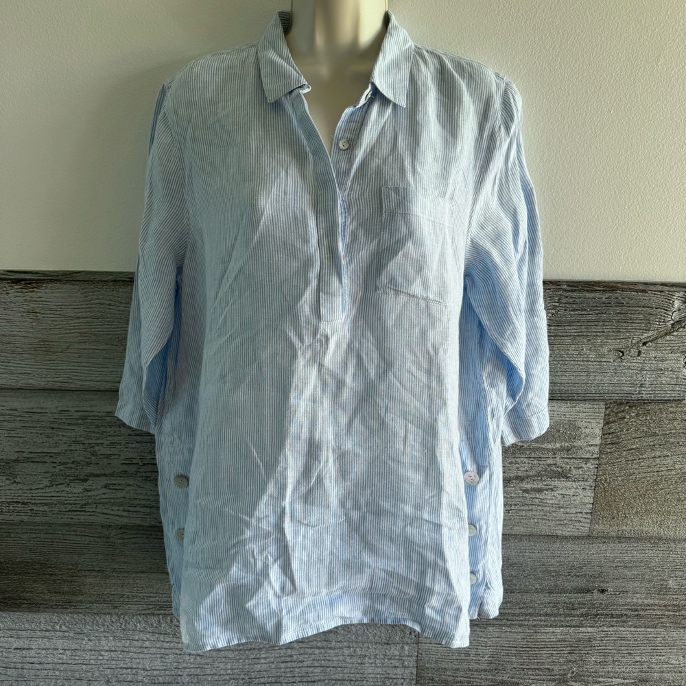 J Jill Love Linen Tunic Top Size Medium Petite Shirt Blue/White Stripe (J1)
